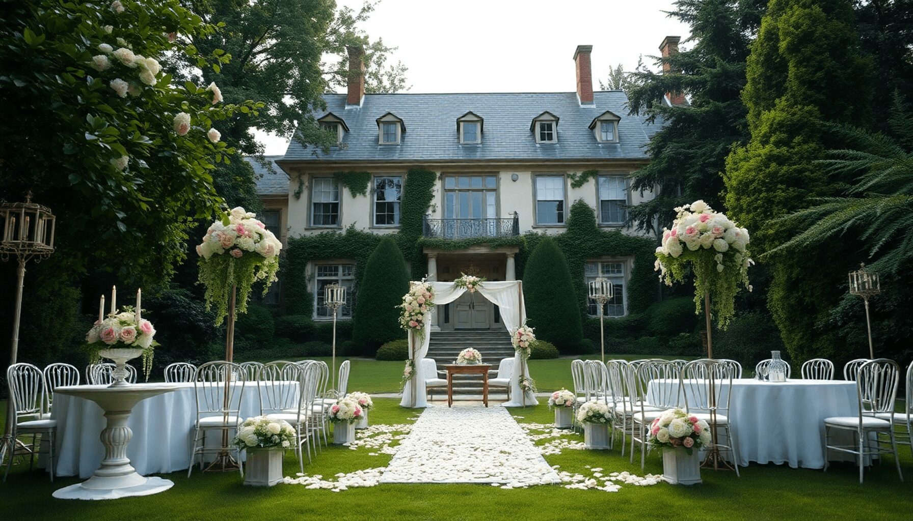 Configuration romantique de mariage en plein air avec des décorations élégantes, une verdure luxuriante, des fleurs épanouies et un manoir historiq...