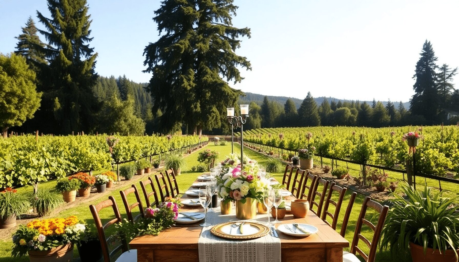 Domaine de luxe avec des vignobles et des séquoias, présentant une élégante table de mariage en plein air ornée de décor rustique et de fleurs sais...