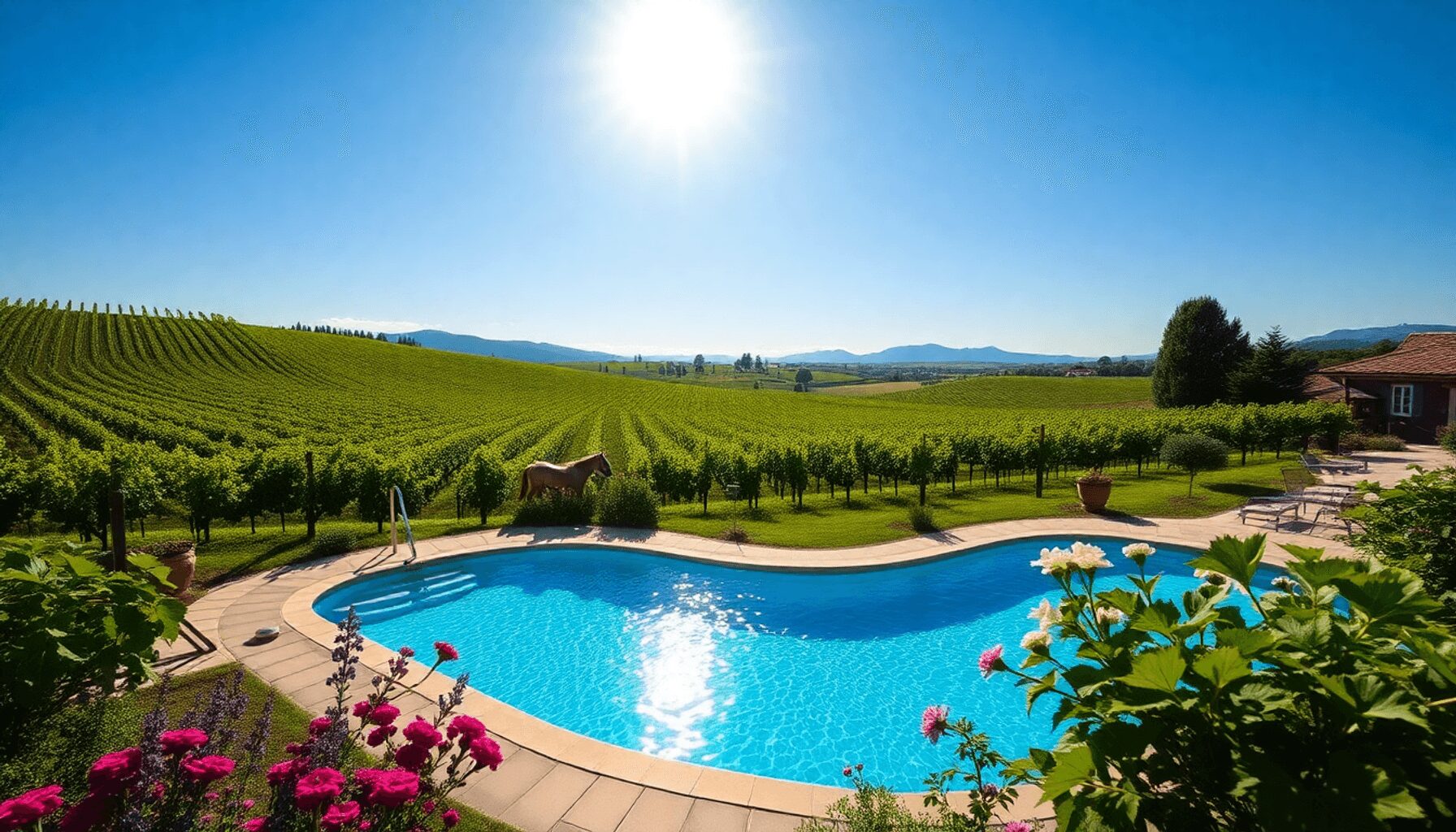 Domaine viticole avec des vignes ondulantes, un jardin fleuri, une piscine extérieure, des cavaliers sur des sentiers et des montagnes lointaines s...