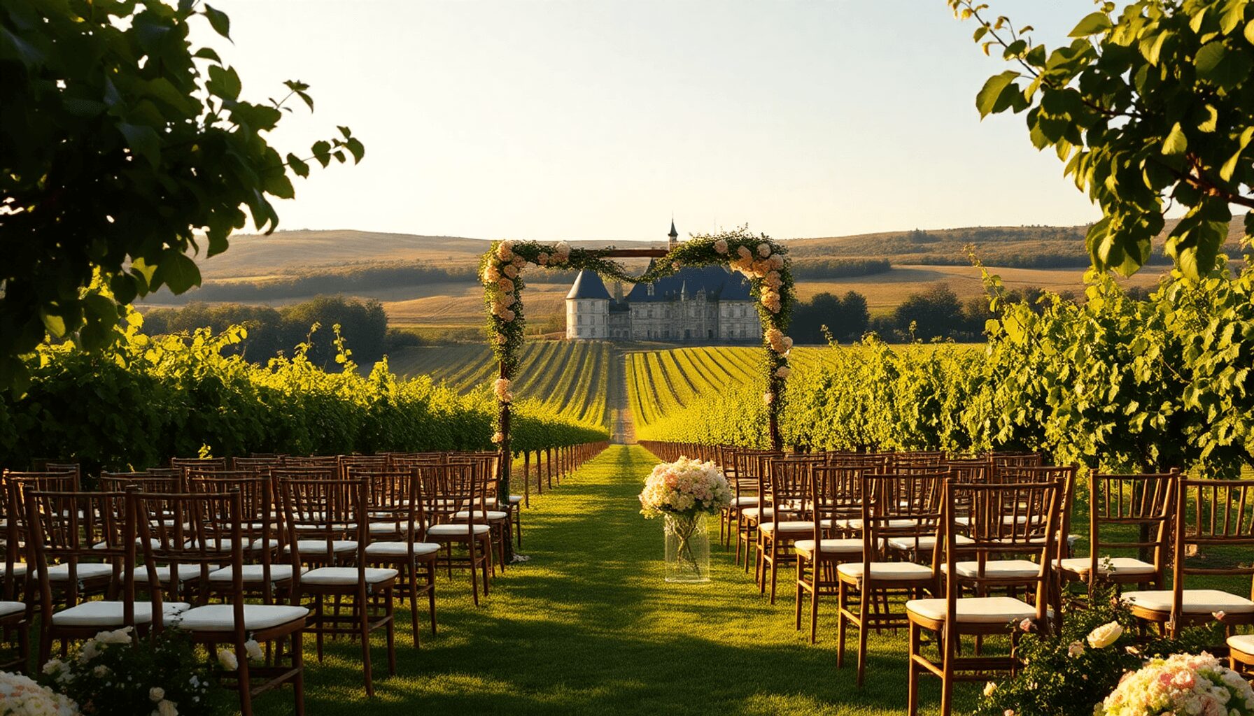 Mariage dans un vignoble ensoleillé avec des arches florales, des chaises en bois, des collines verdoyantes et un château français en arrière-plan ...