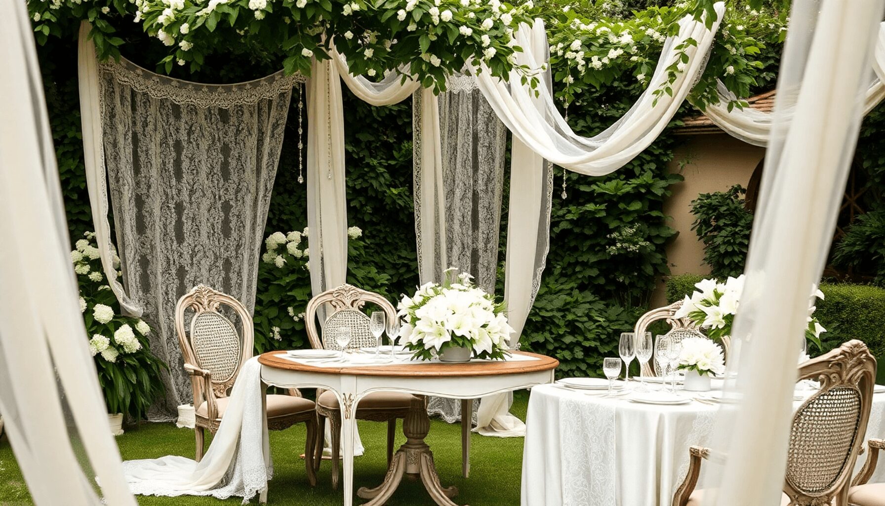 Mariage romantique en plein air avec des meubles vintage, des draperies en dentelle, une verdure luxuriante, des fleurs blanches, de la vaisselle e...