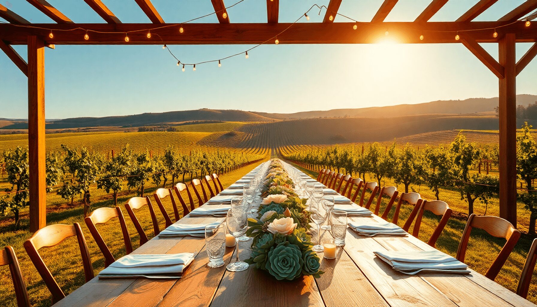 Réception de mariage romantique en plein air dans un vignoble avec des tables en bois rustiques, des guirlandes lumineuses, des centres de table en...