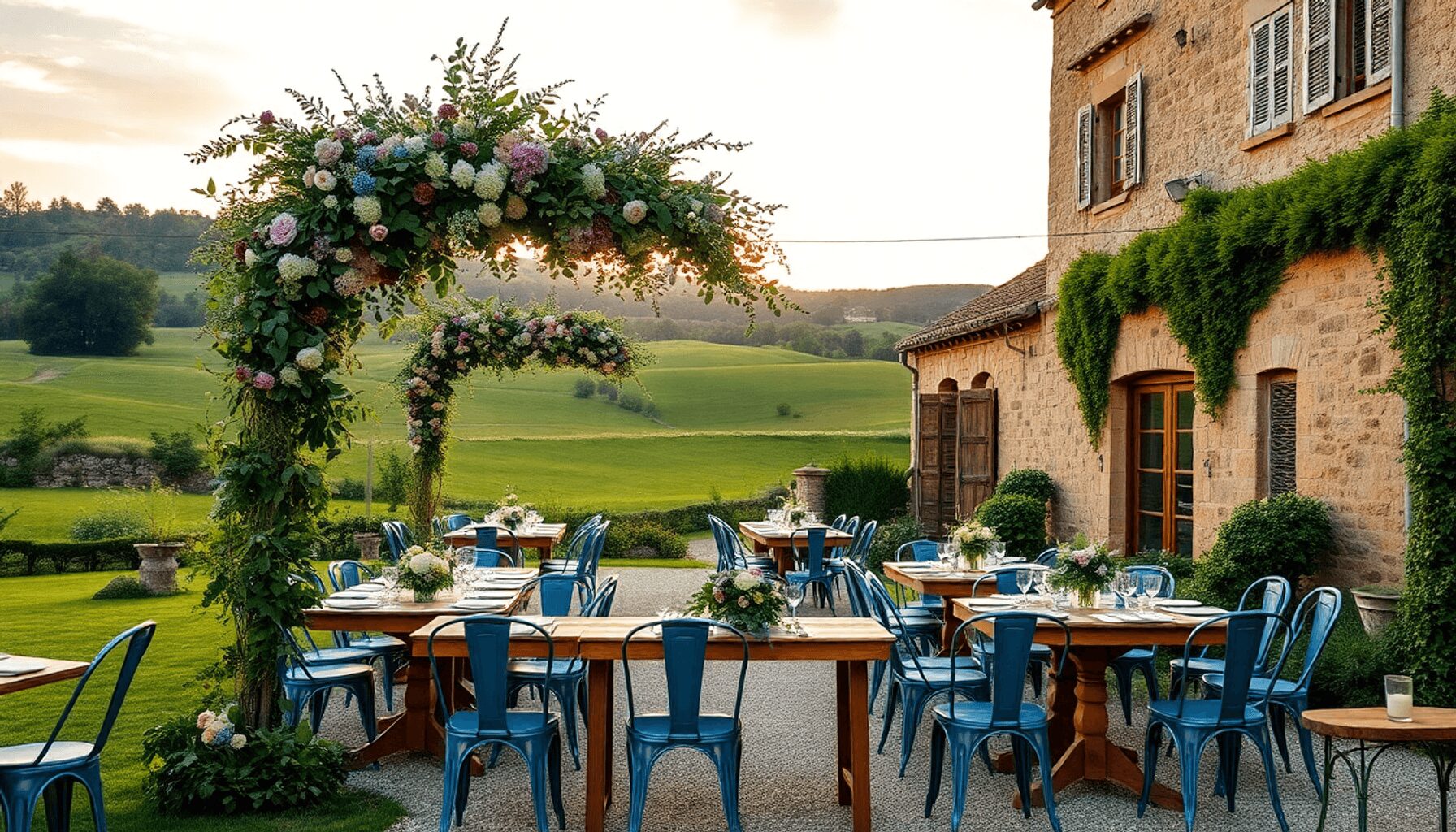 Romantic outdoor wedding in French countryside with vintage floral arches, wooden tables, blue chairs, stone architecture, and rolling hills at sun…