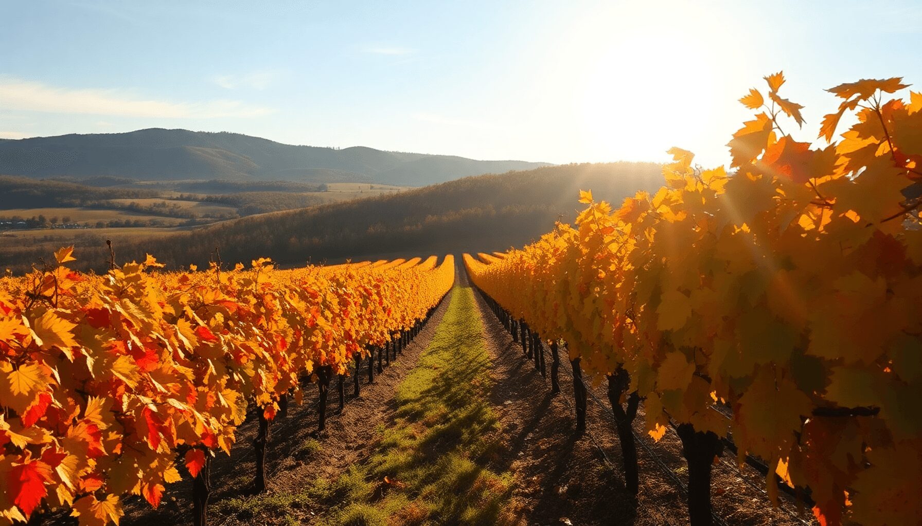 Vignoble ensoleillé en automne avec des vignes dorées et rouges sous un ciel dégagé, capturant la beauté de la saison des récoltes pour les mariage...