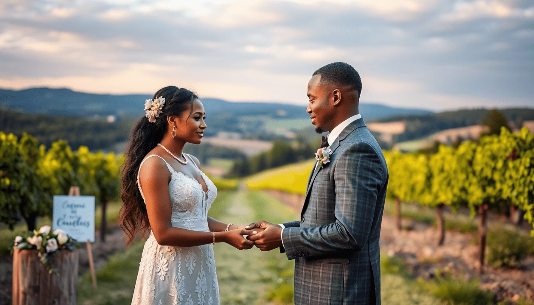 A couple exchanging ceremonial items outdoors in a vineyard at sunset, surrounded by lush greenery and warm, soft lighting.