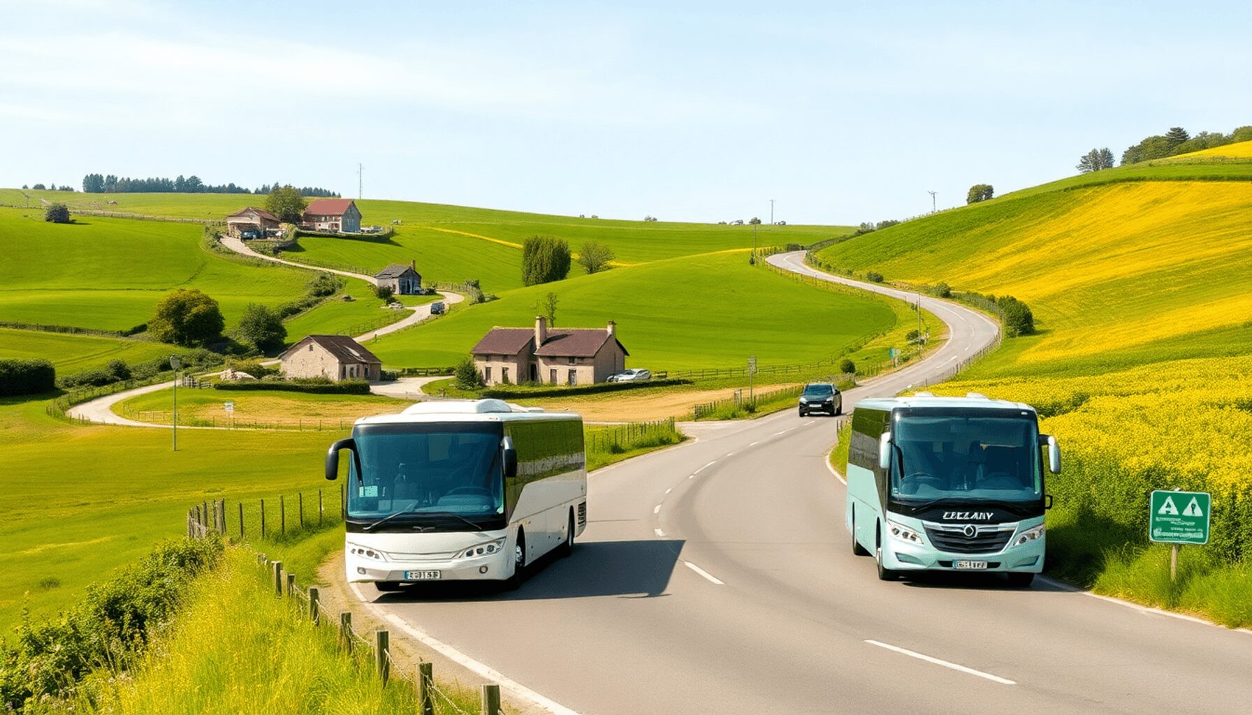 A peaceful rural landscape with winding roads, green fields, village houses, a modern coach bus, and a minibus under a clear blue sky.