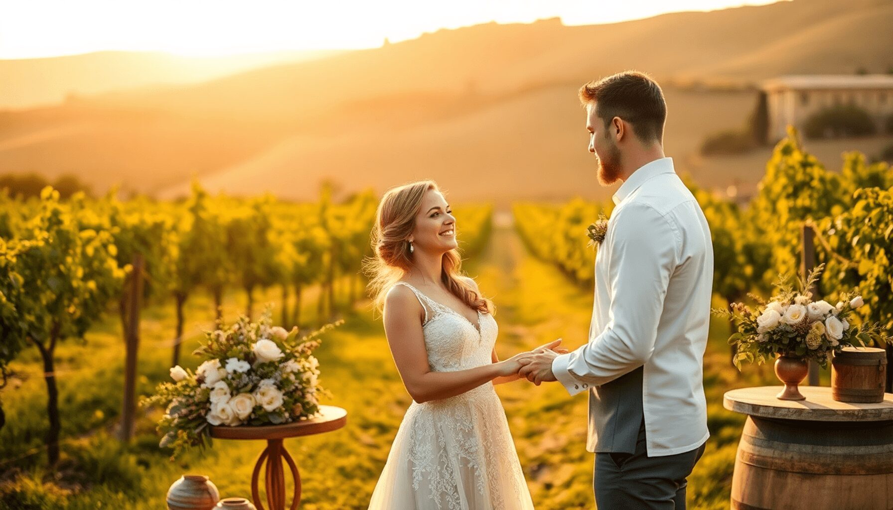 Couple exchanging vows in a sunlit vineyard with floral decor and wooden accents under a golden sunset sky.