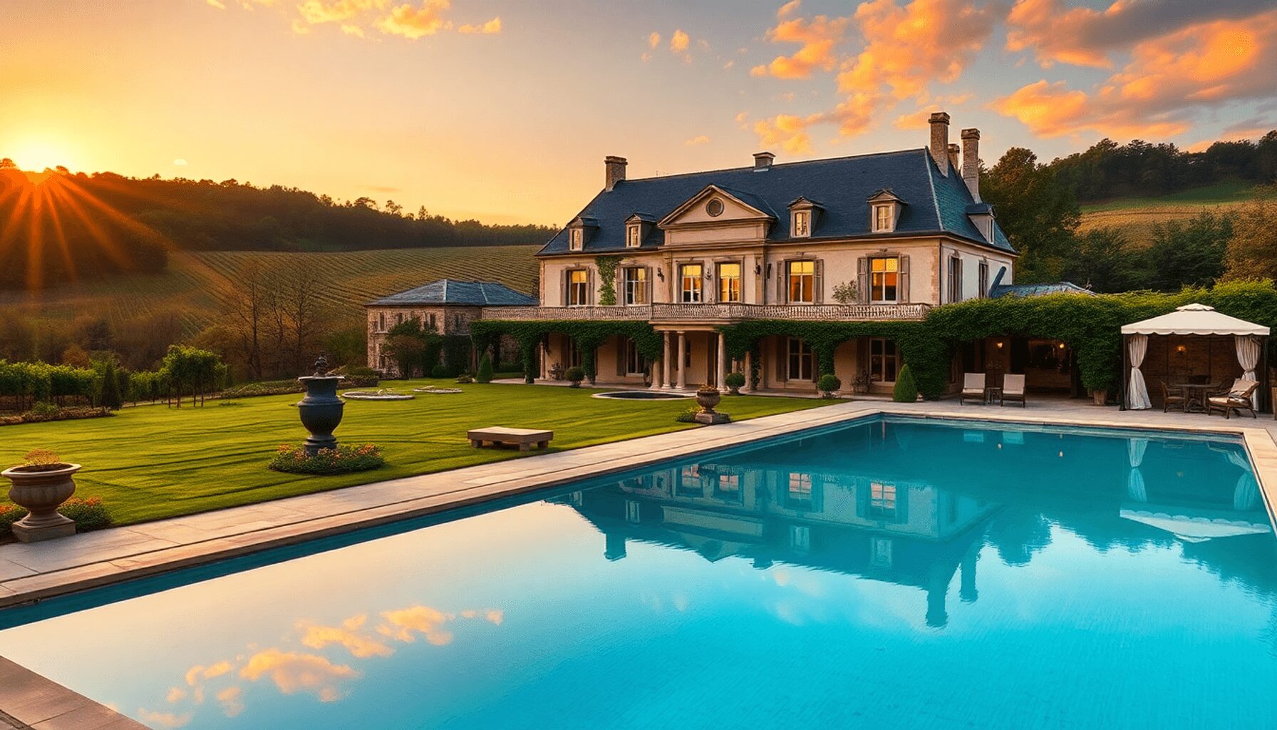Elegant 18th-century French manor in vineyard valley at sunset, with manicured gardens, heated pool, terraces, and lush greenery in a peaceful coun…