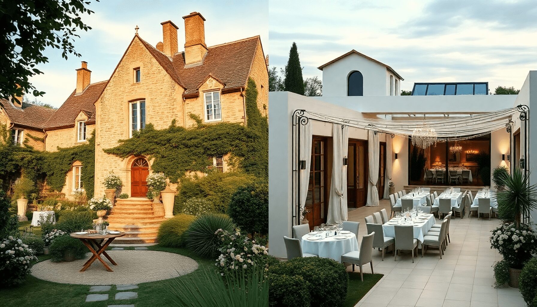 Image divisée d’un mariage romantique français : château en pierre historique avec jardins luxuriants et décoration rustique d’un côté, lieu modern… Image divisée d'un mariage romantique français : château en pierre historique avec jardins luxuriants et décoration rustique d'un côté, lieu modern...