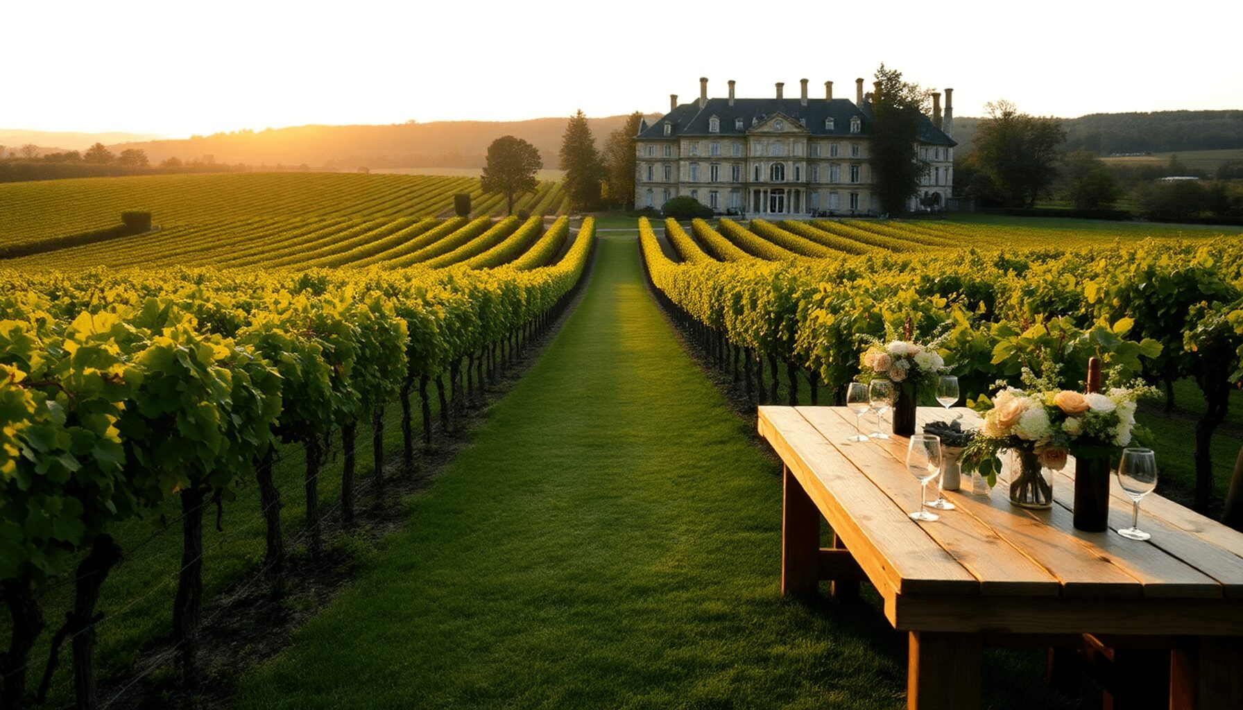 Mariage romantique dans un vignoble à l’heure dorée avec des vignes, un élégant château, des tables rustiques, une décoration florale et un ciel ch… Mariage romantique dans un vignoble à l'heure dorée avec des vignes, un élégant château, des tables rustiques, une décoration florale et un ciel ch...