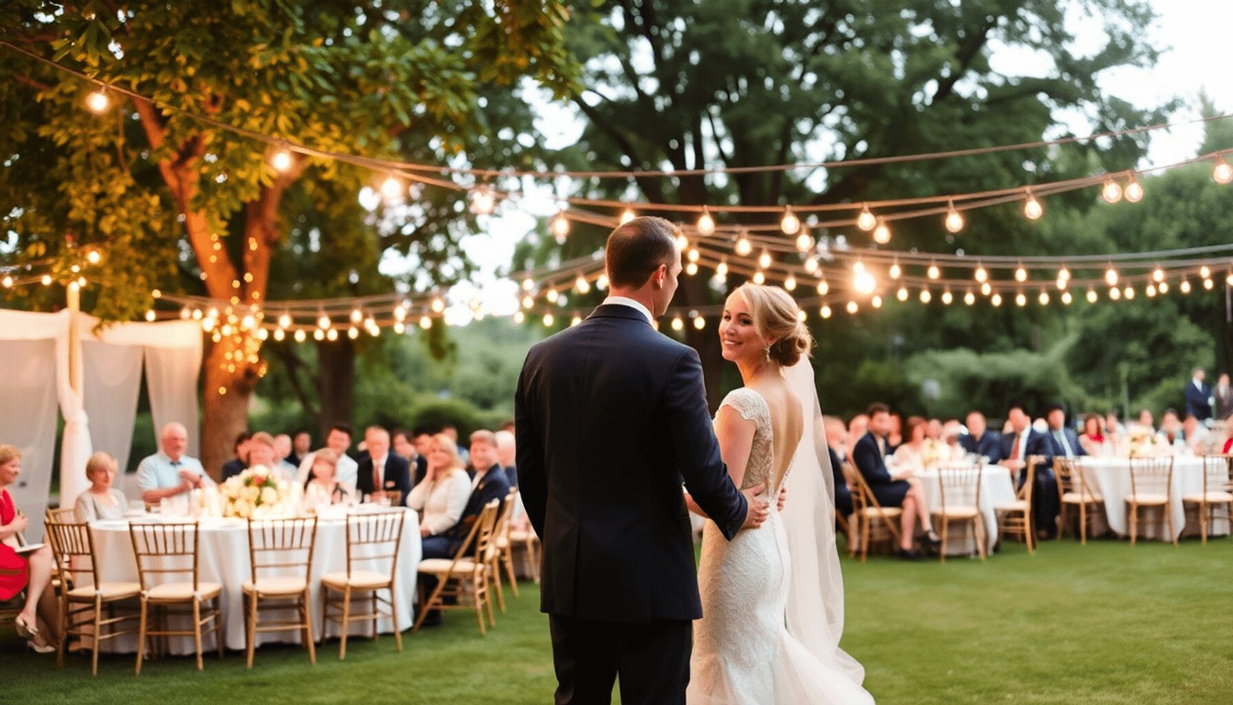 Outdoor wedding reception, with warm lighting