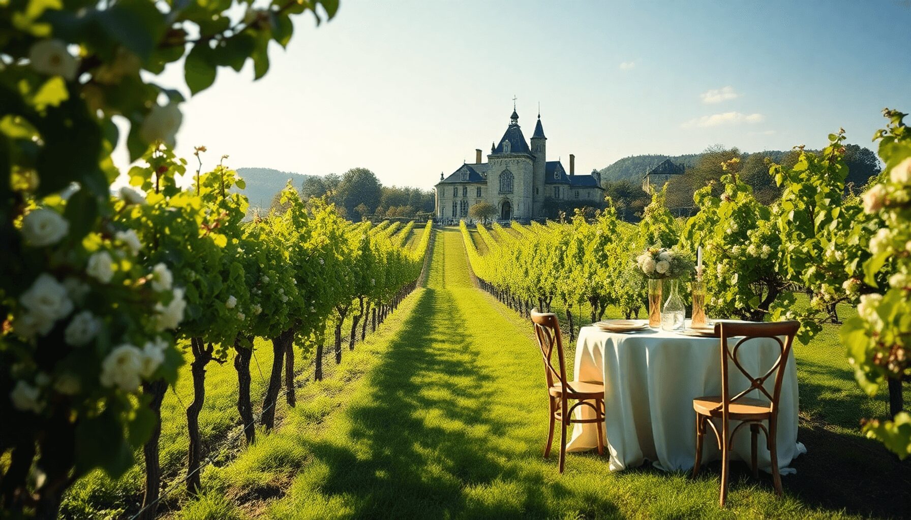 Romantic outdoor wedding in a lush vineyard with blooming grapevines, rustic decorations, and a historic château under soft spring sunlight.