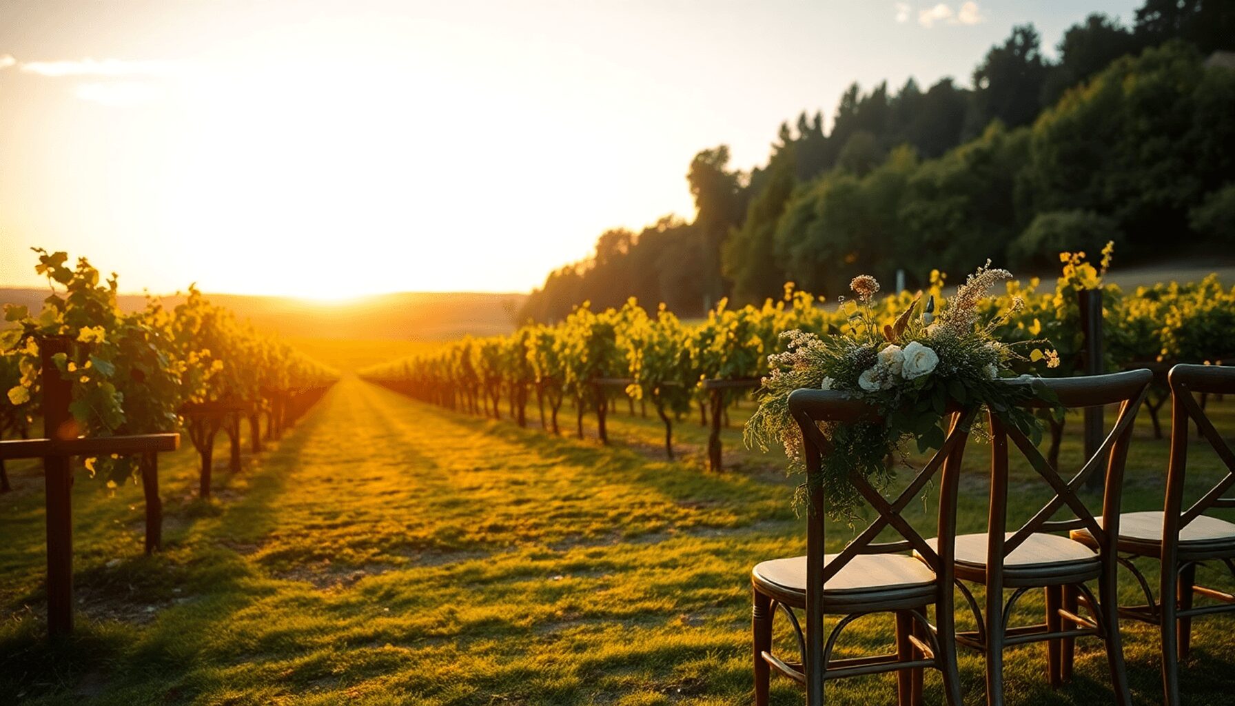 Romantic outdoor wedding in a sunlit vineyard with wooden chairs and wildflower arrangements under a golden sunset sky.