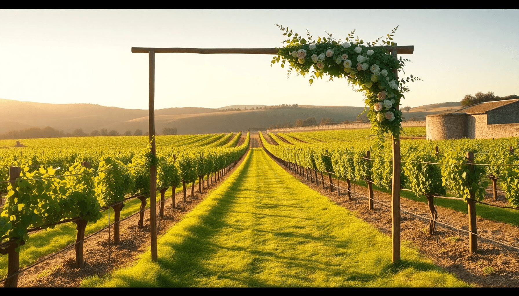 Romantic outdoor wedding in a sunlit vineyard with a rustic wooden arch adorned with pastel flowers, grapevines, stone walls, and rolling hills in …