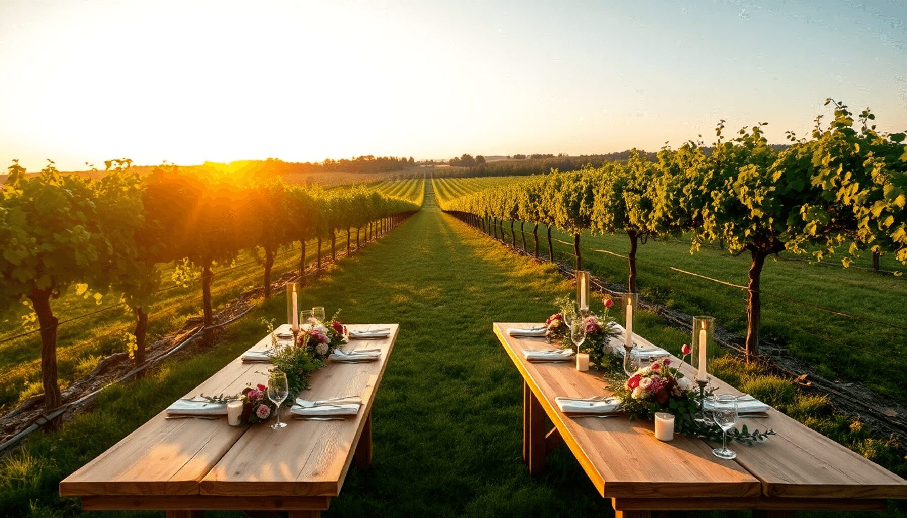 Romantic outdoor wedding in a vineyard at golden hour with wooden tables, wildflowers, candles, and rows of grapevines under a clear sky.