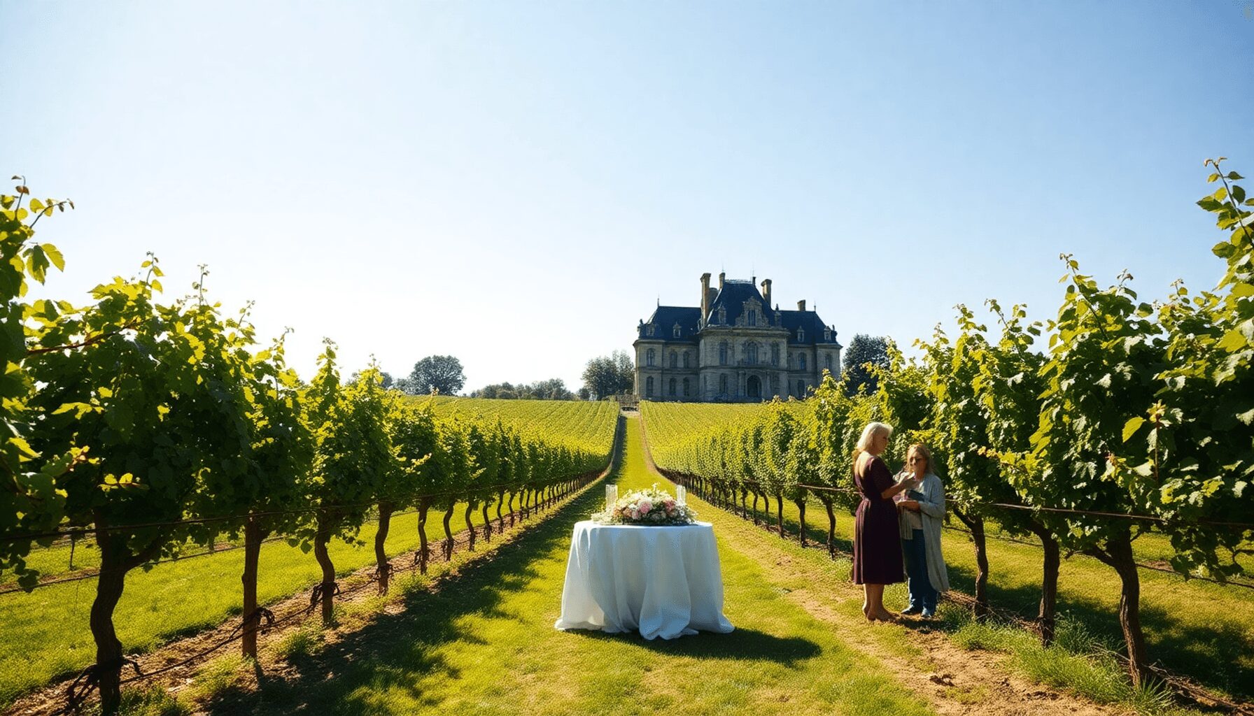 Romantic outdoor wedding in sunlit vineyard with elegant table, floral decor, intimate guests, and historic château under clear blue sky.