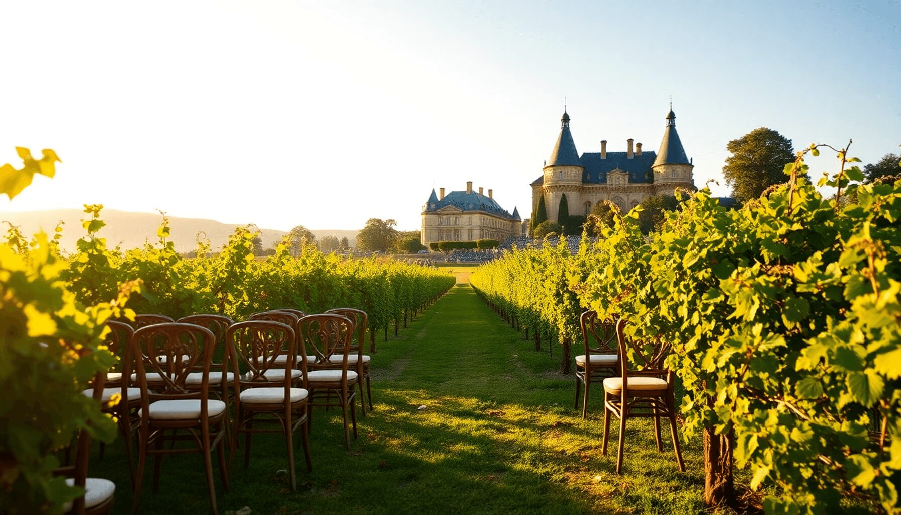 Romantic outdoor wedding setup with rustic chairs among grapevines at golden hour, a historic château in the background, bathed in warm sunlight.