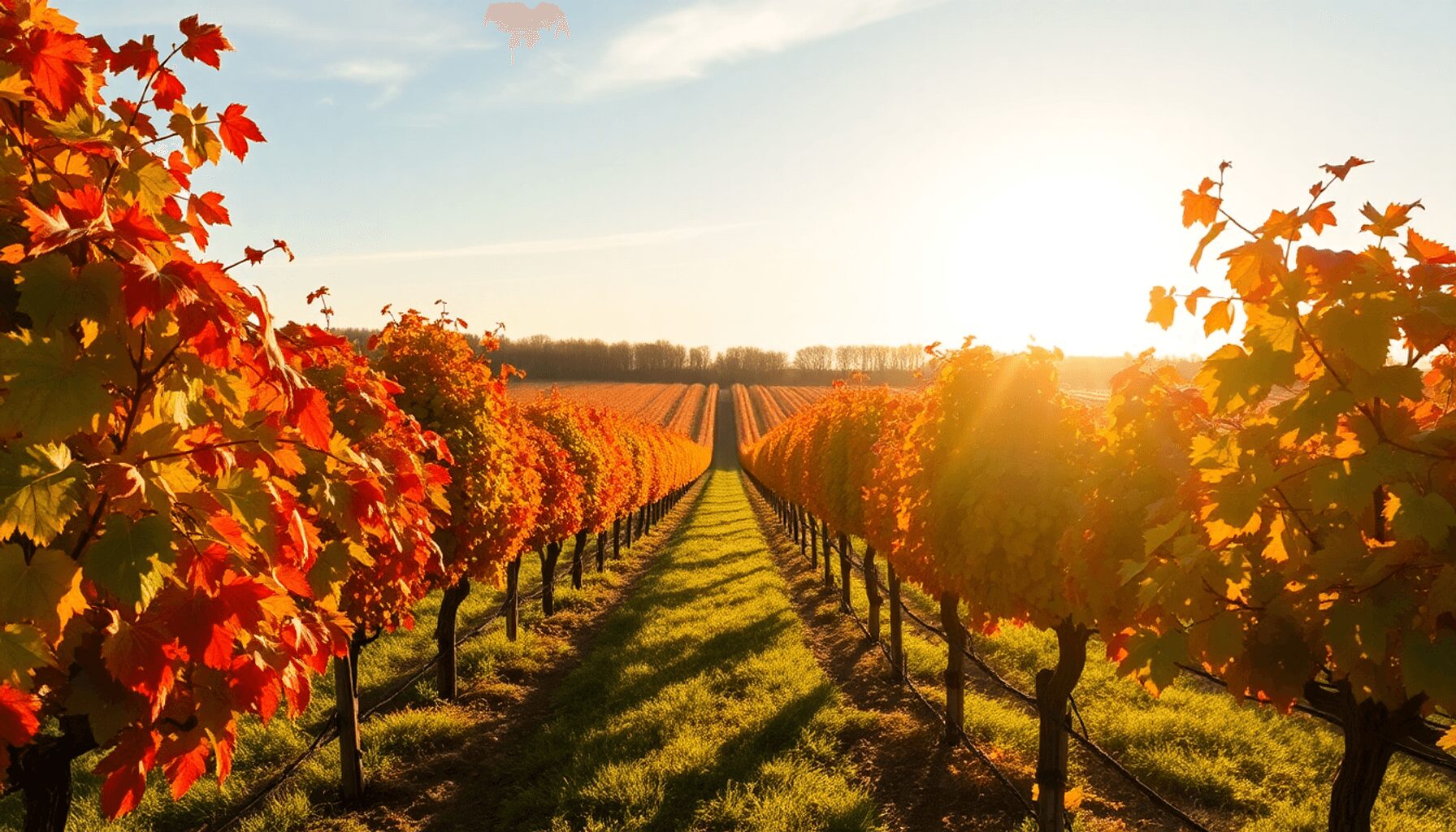 Sunlit French vineyard in early autumn with rows of grapevines displaying vibrant red, orange, and gold leaves under a clear sky.