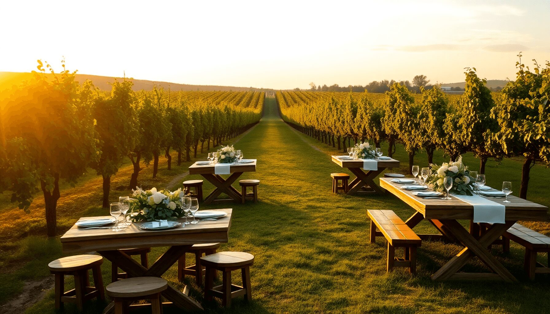 Sunlit vineyard wedding setup with rustic wooden tables, floral arrangements, greenery, and grapevines under a warm golden sky.