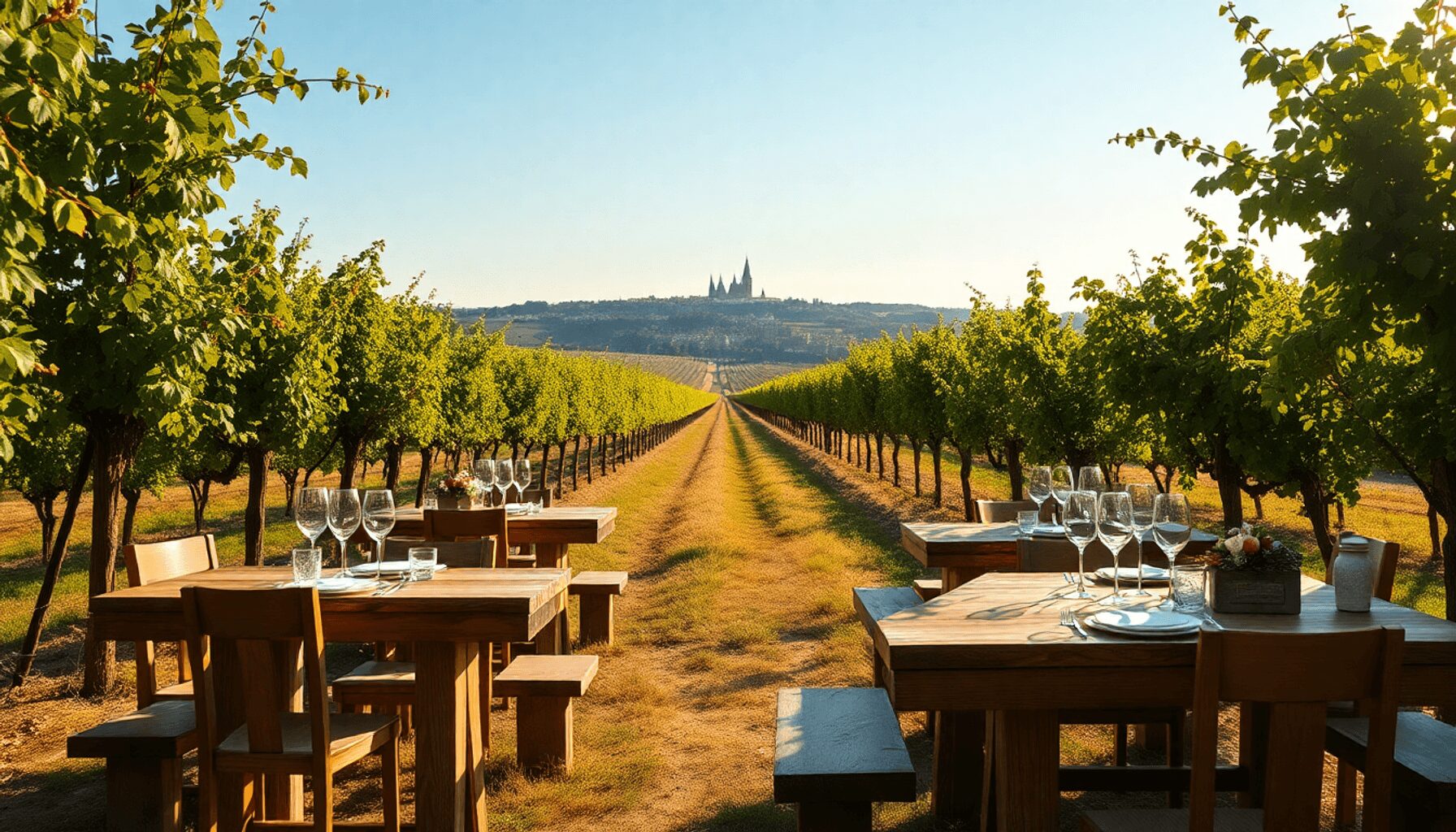 Sunlit vineyard wedding with rustic tables, floral decor, wine glasses, and a historic city skyline under a clear blue sky.