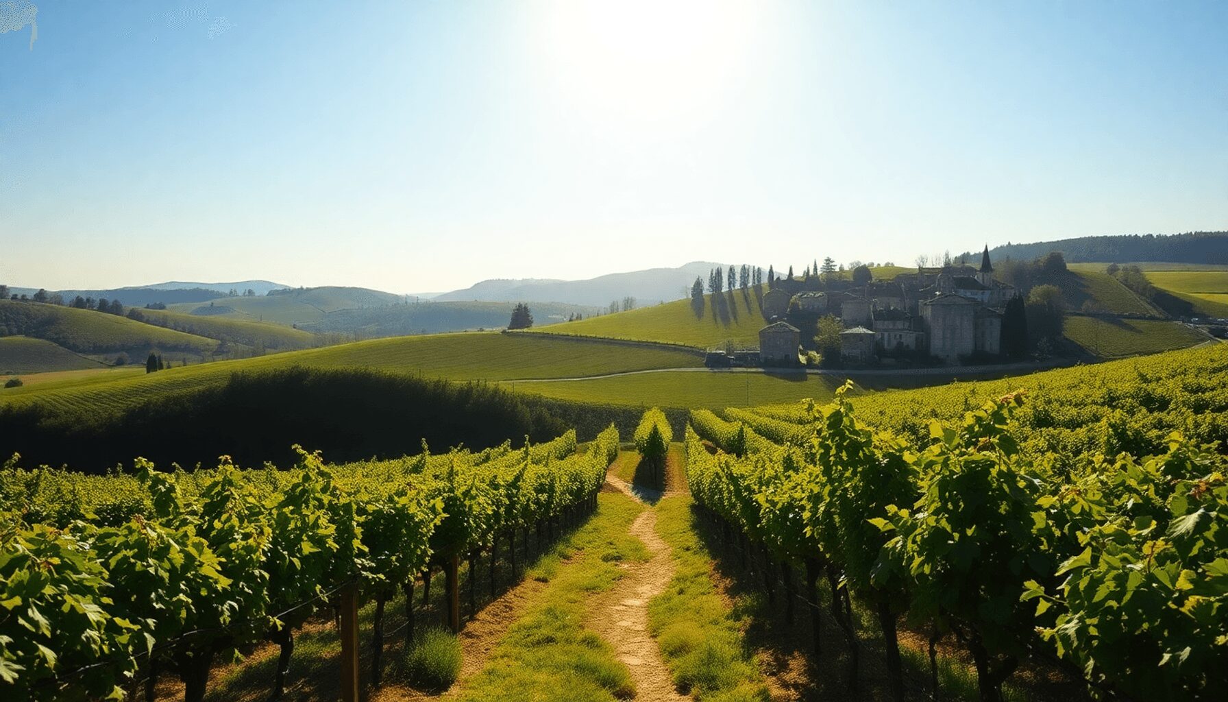 Sunlit vineyard with rolling green vines, a stone path, medieval village in the background, and golden light under a clear blue sky.