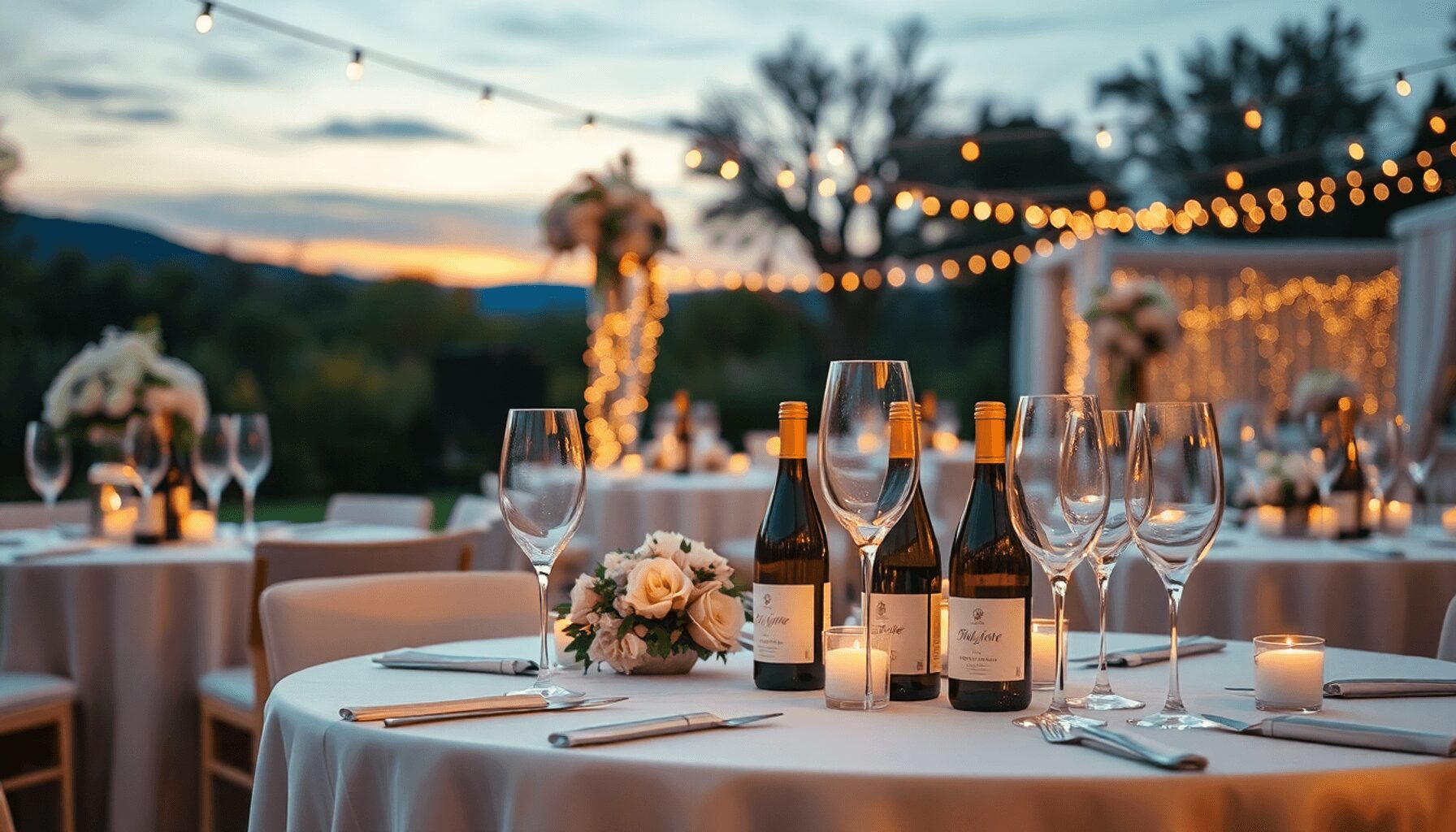 Sunset outdoor wedding reception with elegant tables, crystal wine glasses, French wine bottles, floral arrangements, and fairy lights creating a r…