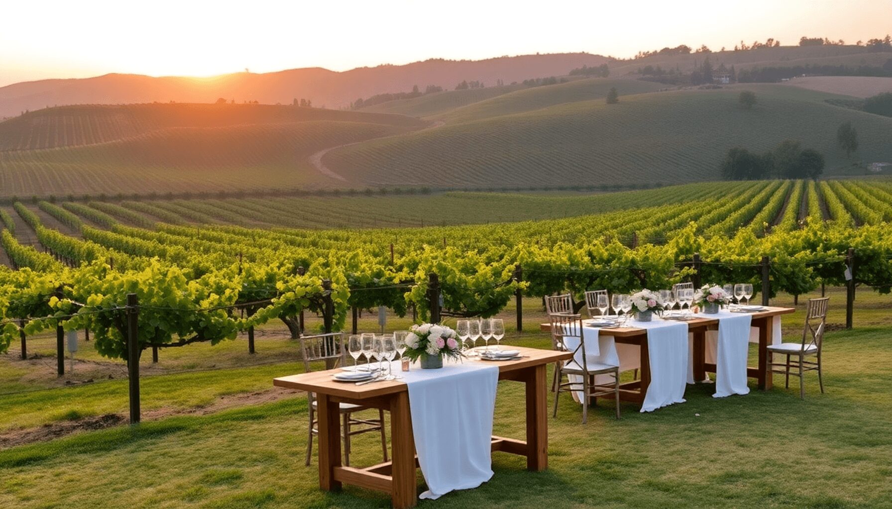 Sunset vineyard with rolling hills, rustic wedding tables, and floral decorations creating a serene, picturesque outdoor wedding scene.