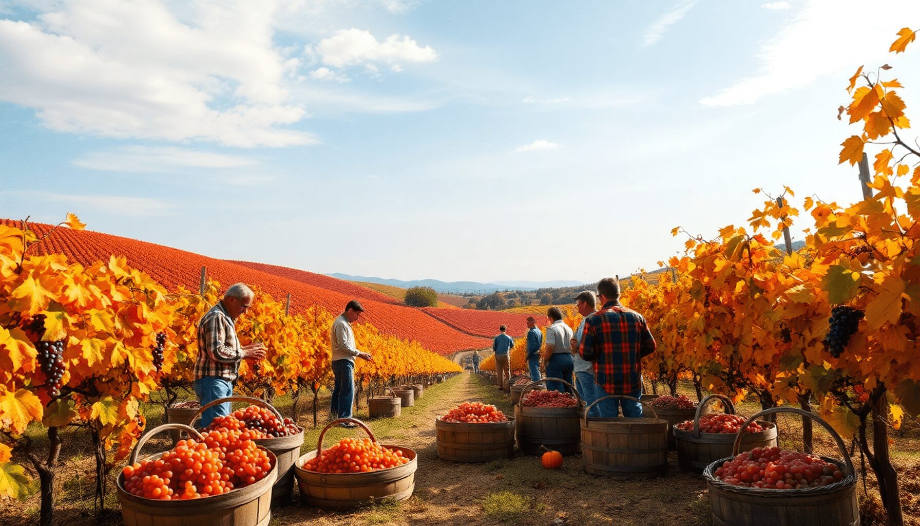 Vibrant autumn vineyard with rolling hills, workers hand-picking grapes, rustic baskets filled with harvest under a clear sky in a warm, festive se…