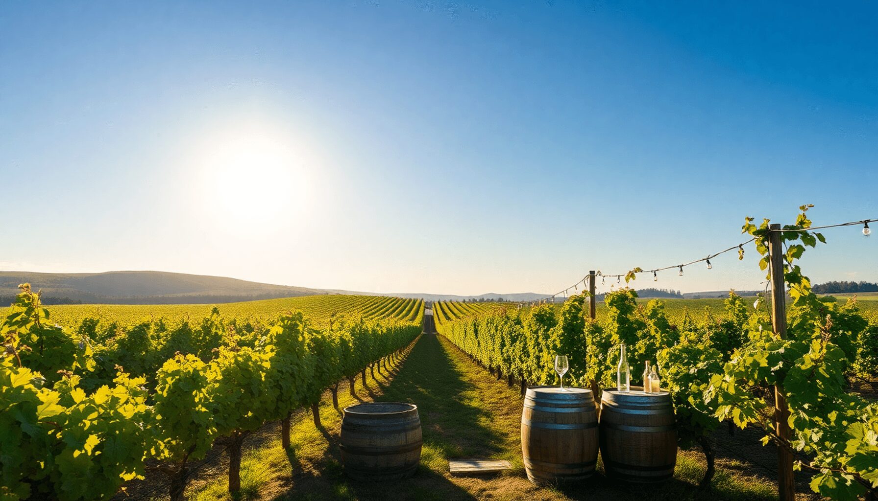 Vignoble français ensoleillé avec des vignes vertes, des fûts rustiques et un aménagement extérieur sous un ciel bleu clair au milieu de collines v… Vignoble français ensoleillé avec des vignes vertes, des fûts rustiques et un aménagement extérieur sous un ciel bleu clair au milieu de collines v...