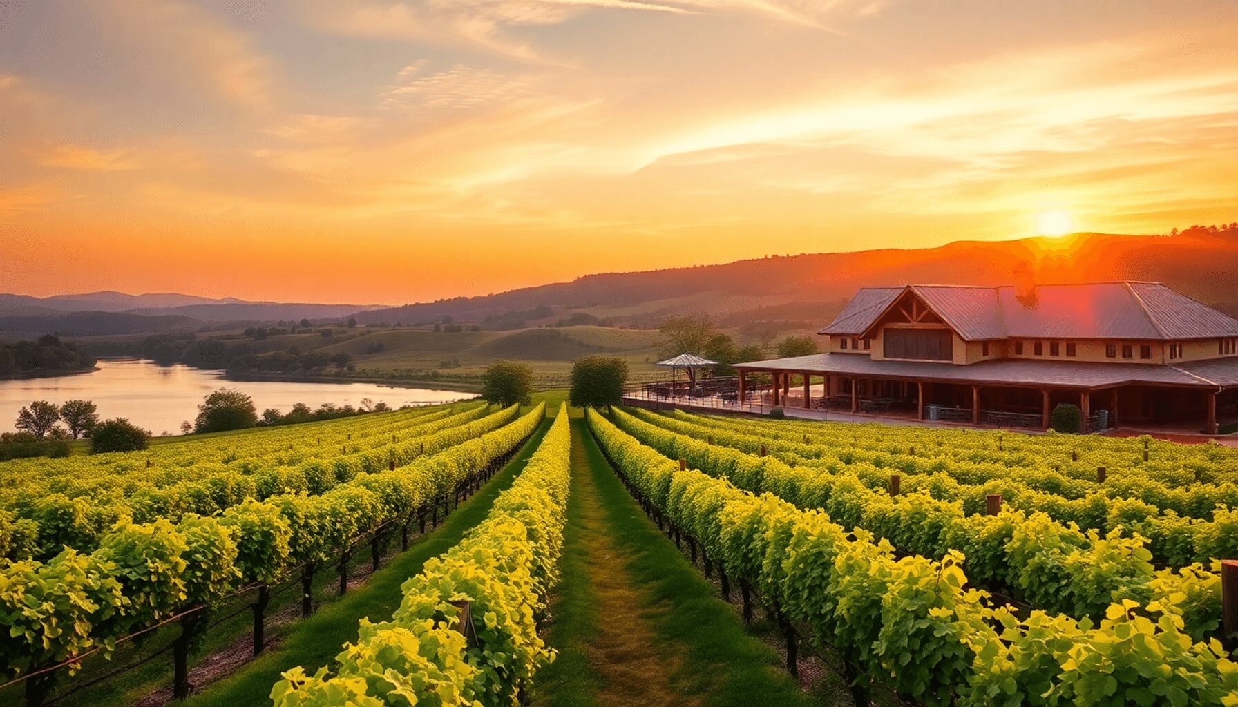 Vineyard rows leading to rustic buildings by a lake at sunset, surrounded by rolling hills and lush greenery under a warm golden sky.
