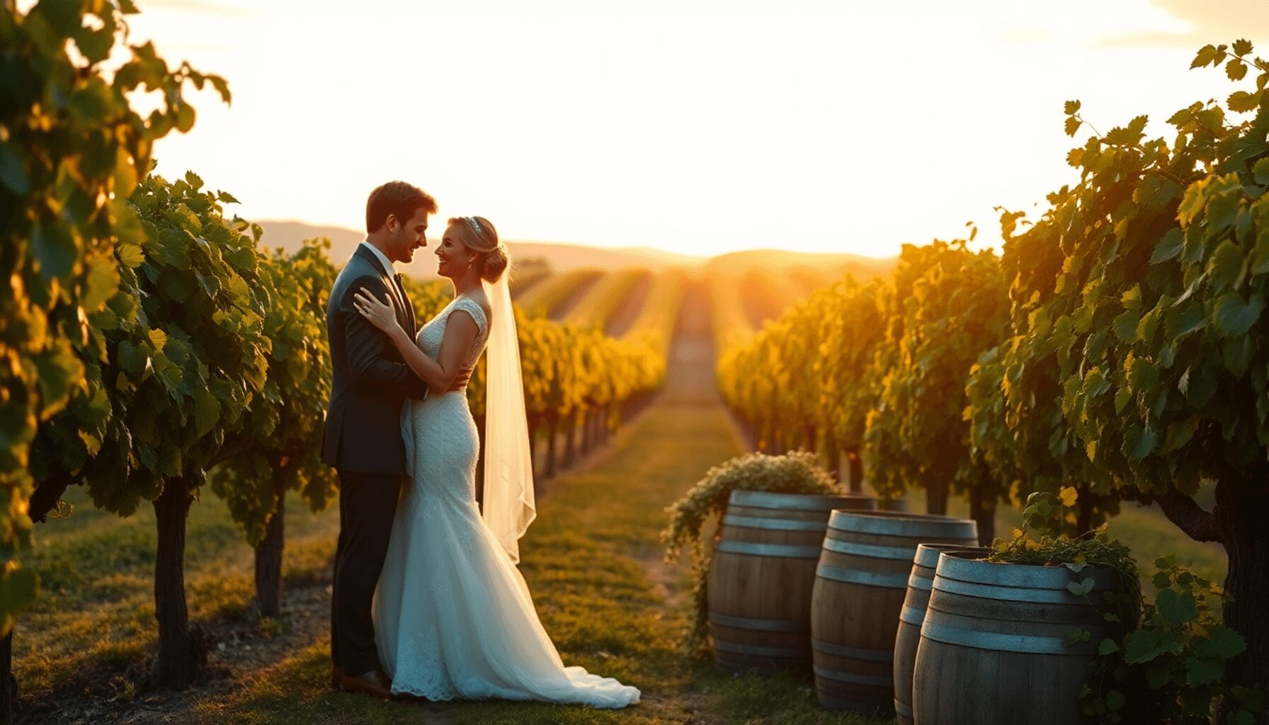 A couple embraces in elegant wedding attire amid sunlit green grapevines, rustic barrels, and lush foliage under a glowing golden hour sky.