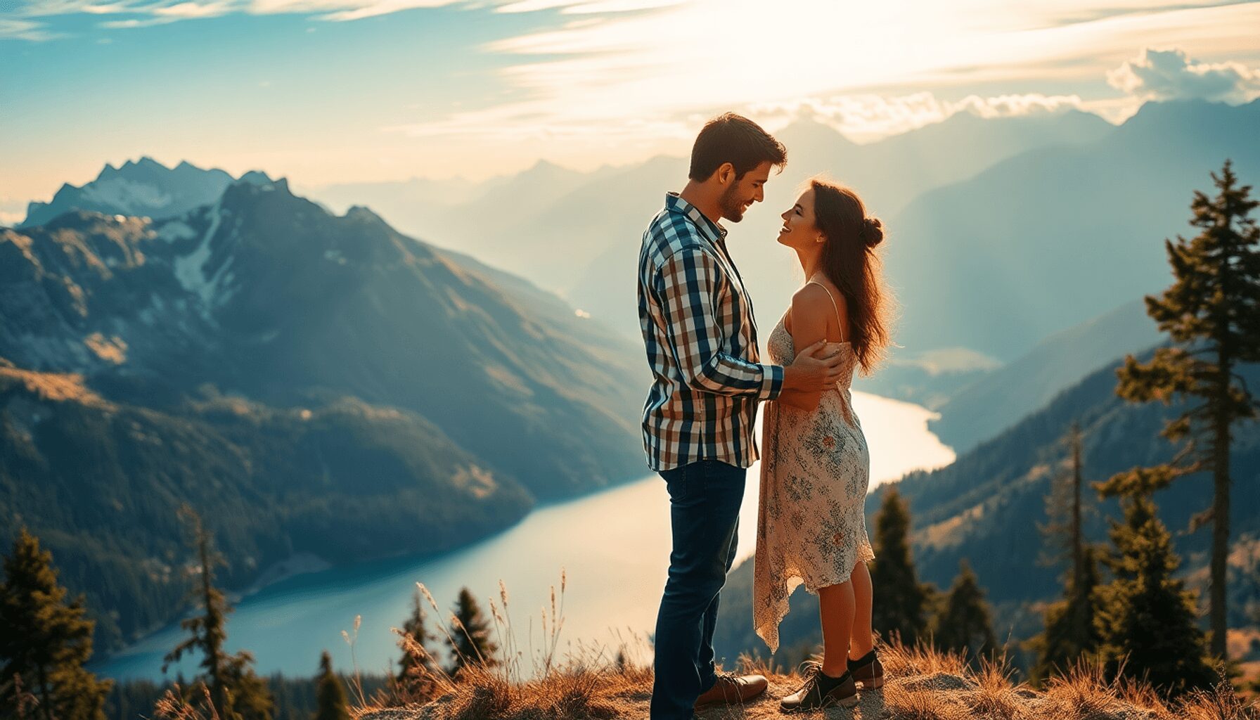 A couple embracing on a mountain overlooking a lake with alpine peaks, bathed in soft golden sunlight, creating a romantic and dreamy atmosphere.