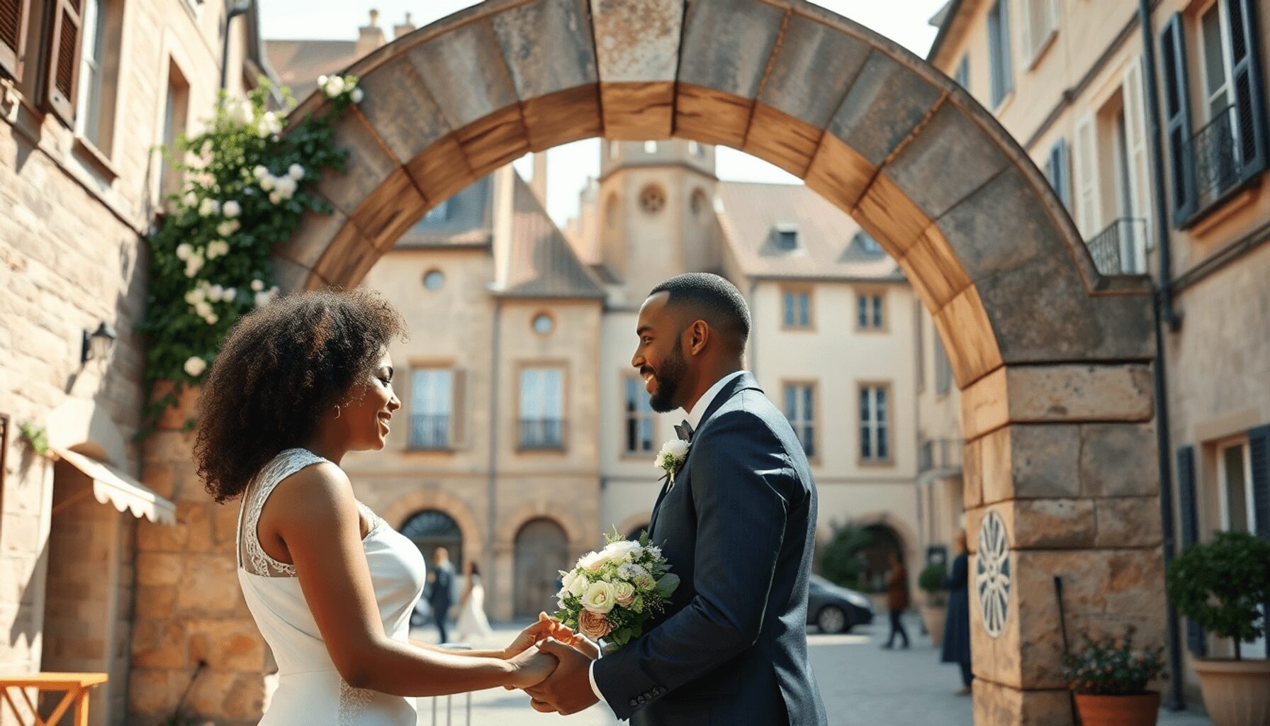 A couple exchanging vows under a stone archway in a charming village square with historic buildings and soft natural light.