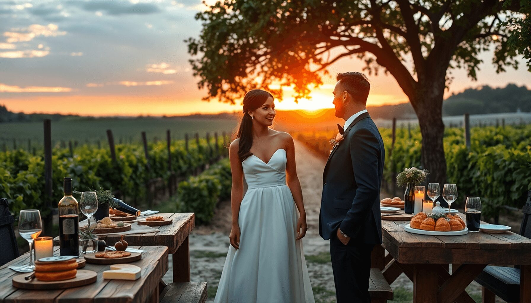 Bride and groom stand close in a vineyard at sunset, surrounded by rustic tables with French cuisine, soft warm lighting creating an intimate weddi…