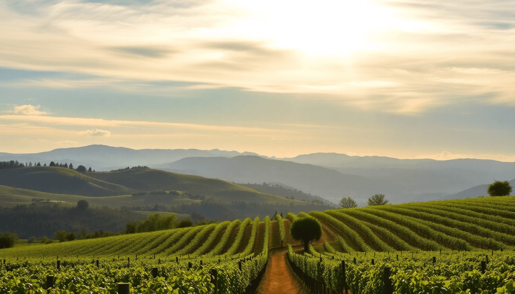 Rolling vineyard hills in Beaujolais under a bright sky with warm sunlight, soft clouds, and distant mountains, showcasing a late summer landscape.