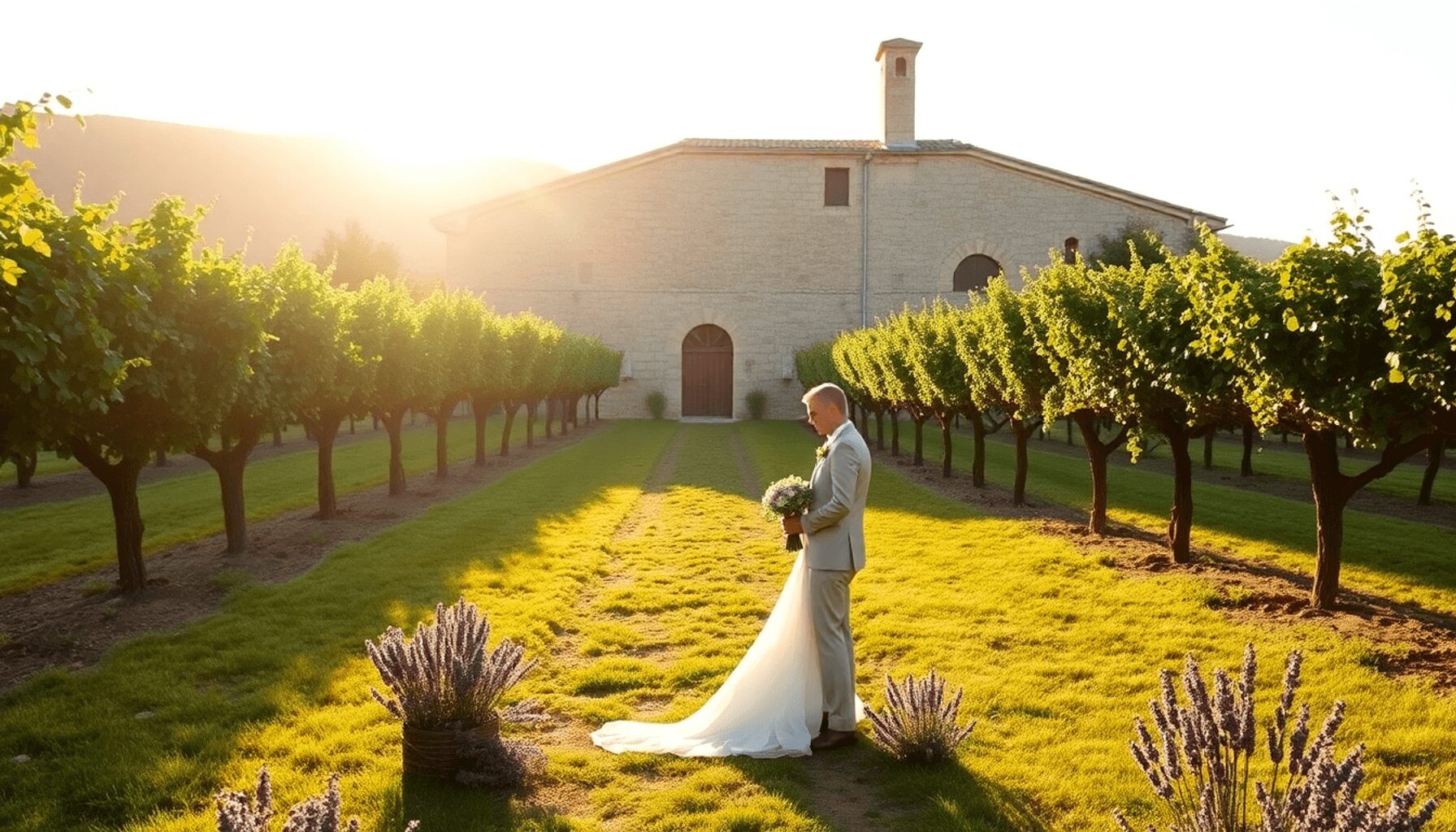 Romantic outdoor wedding in a sunlit French vineyard with rustic stone buildings, lush grapevines, boho-chic decor, lavender, olive branches, and s…