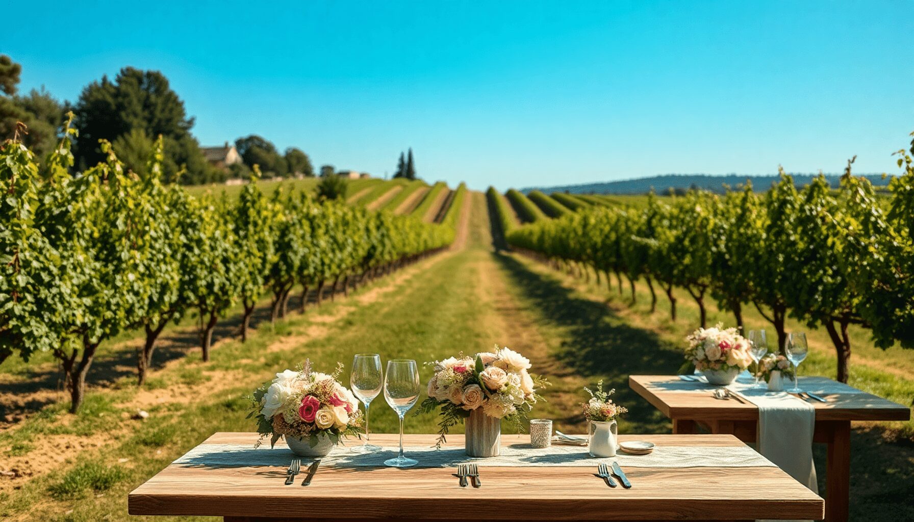 Romantic outdoor wedding in a sunlit vineyard with elegant floral arrangements, rustic wooden tables, and soft natural lighting.