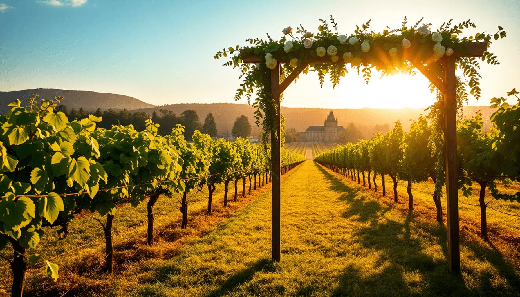Romantic outdoor wedding in sunlit vineyard with wooden arch, flowers, rolling hills, and château silhouette under warm golden hour light.