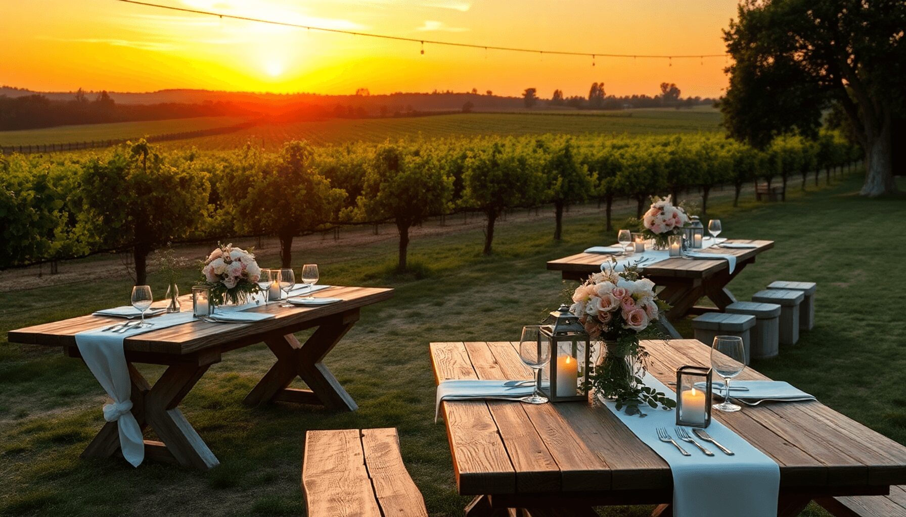 Romantic outdoor wedding setup at sunset in a French vineyard with rustic wooden tables, elegant flowers, and glowing lanterns.