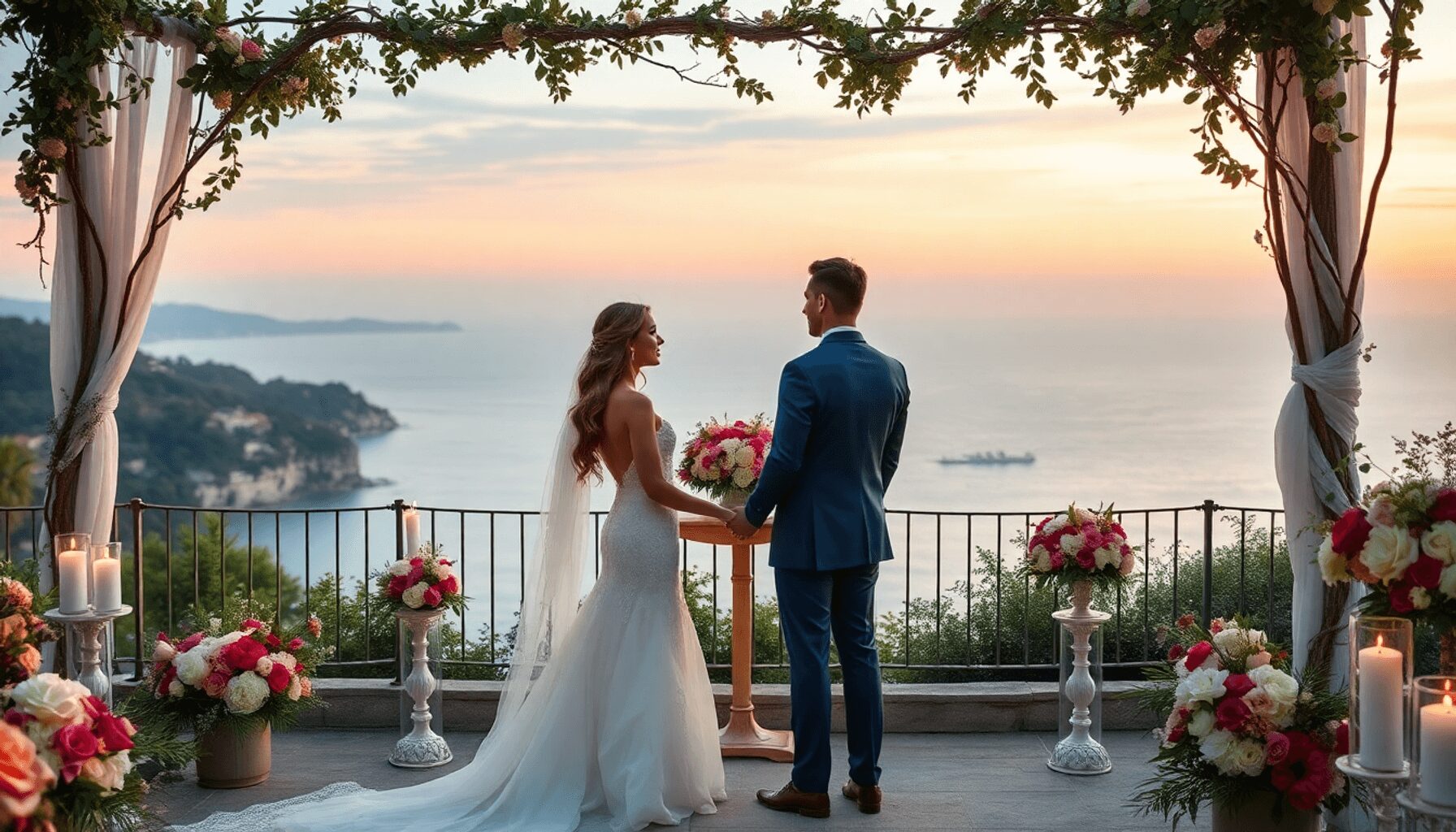 Romantic outdoor wedding setup with elegant flowers, coastal view, and soft sunset sky blending French and Italian styles.