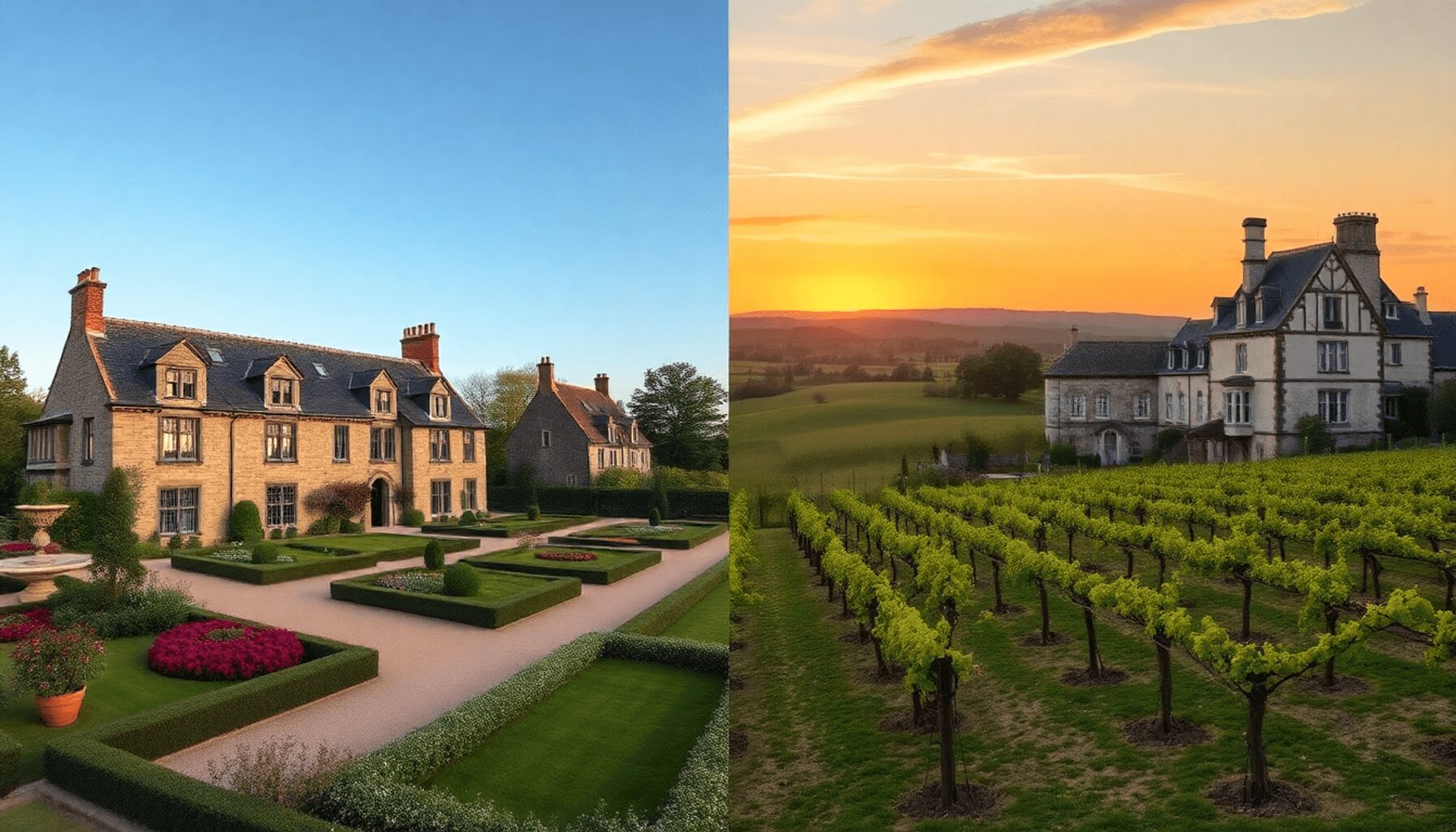 Split-scene image of a classic British manor with stone walls and gardens beside a French vineyard with rolling hills, grapevines, and a stone chat…