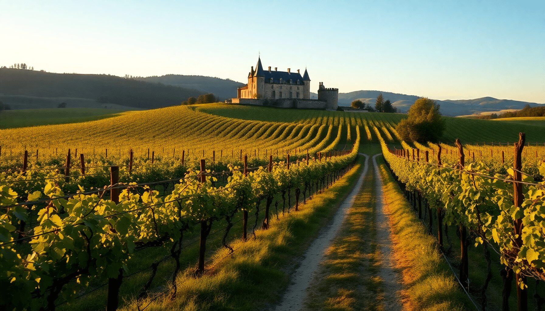 Sunlit French vineyard with rolling hills, grapevines, a rustic stone chateau, and a winding path bathed in warm golden hour light.