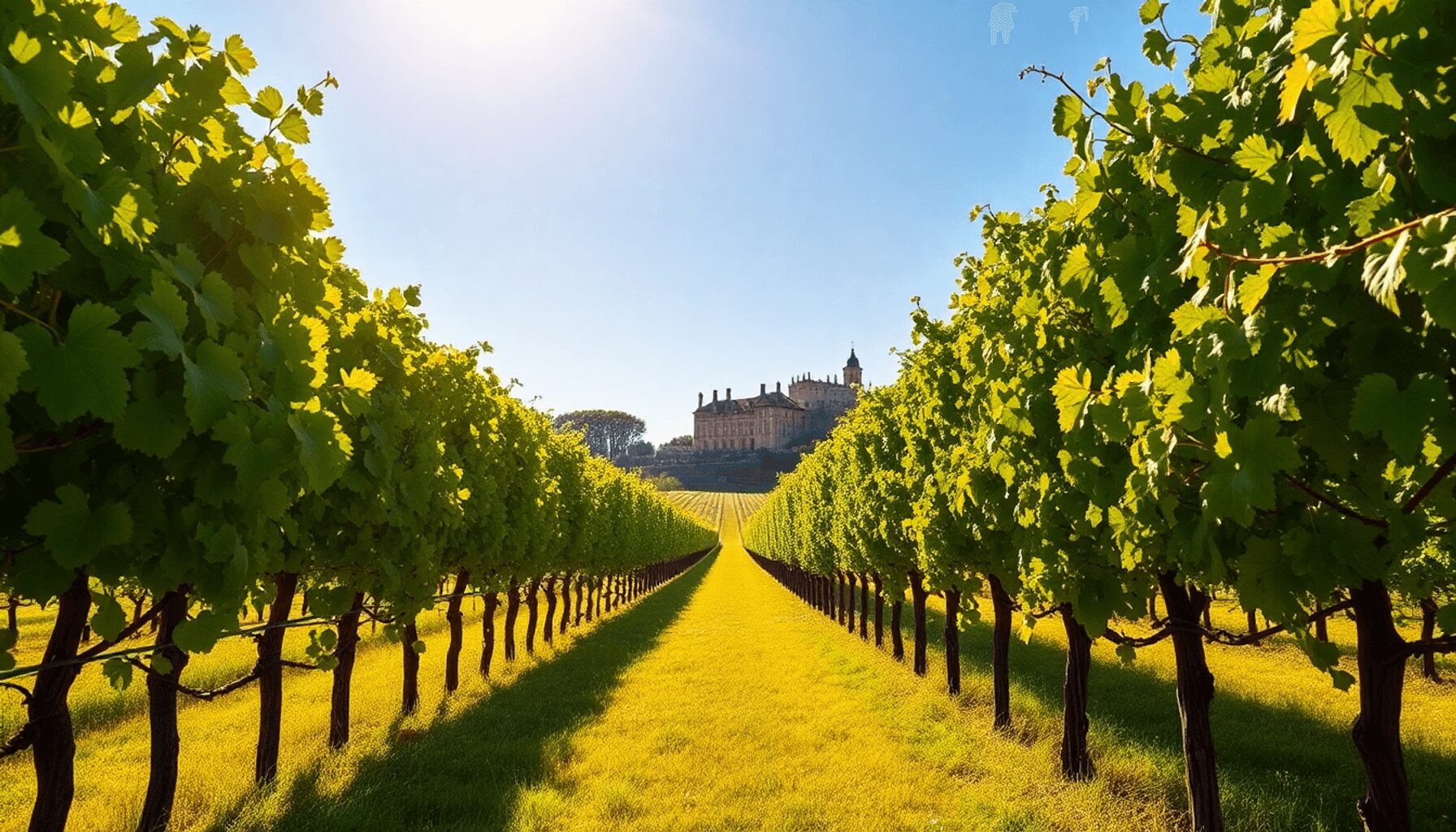 Sunlit vineyard with lush grapevines leading to a historic château under a clear blue sky, bathed in warm golden light.