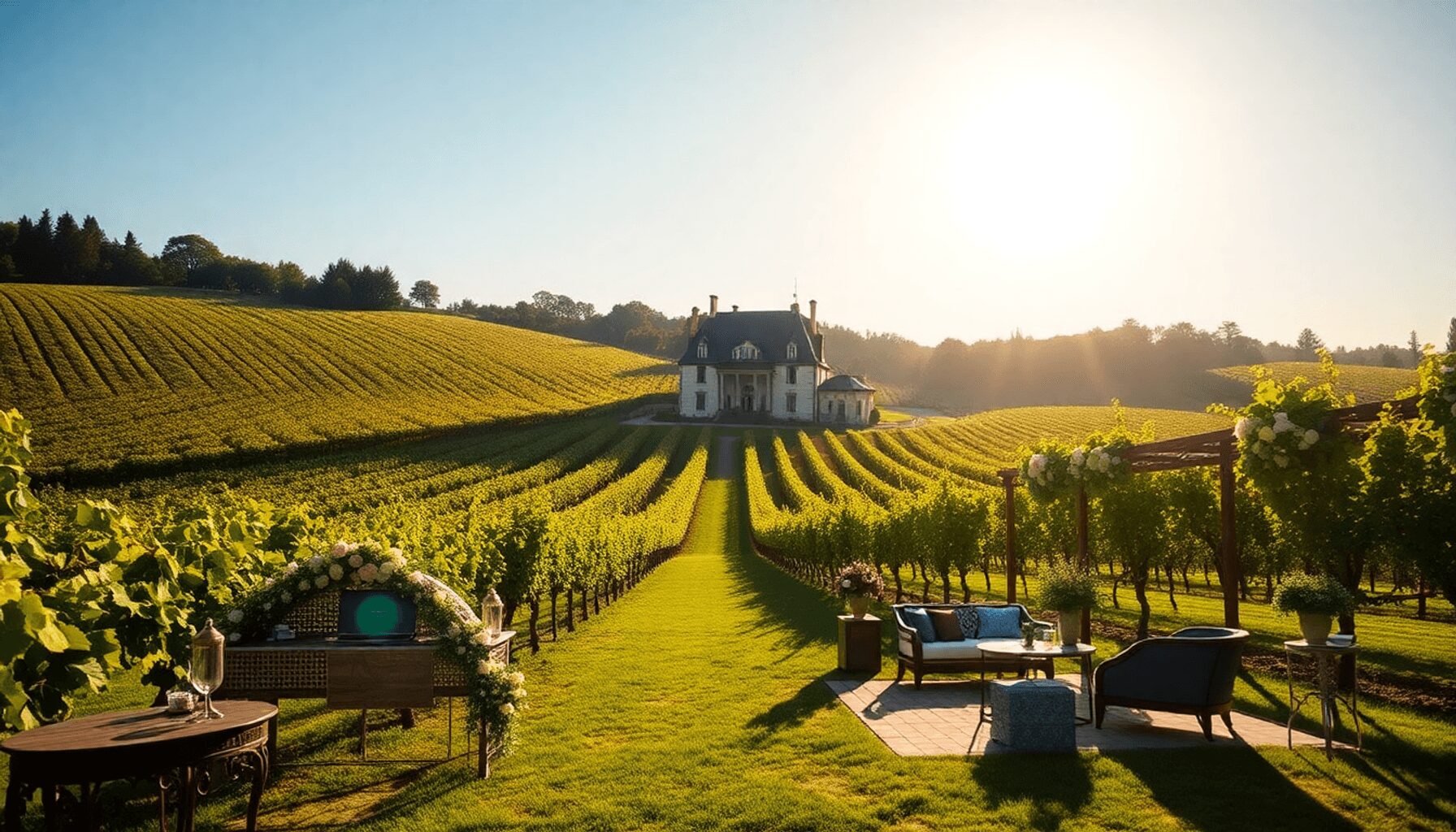 Sunlit vineyard with rolling grapevines, elegant outdoor wedding setup, floral arrangements, stylish seating, and a rustic château under a clear bl…