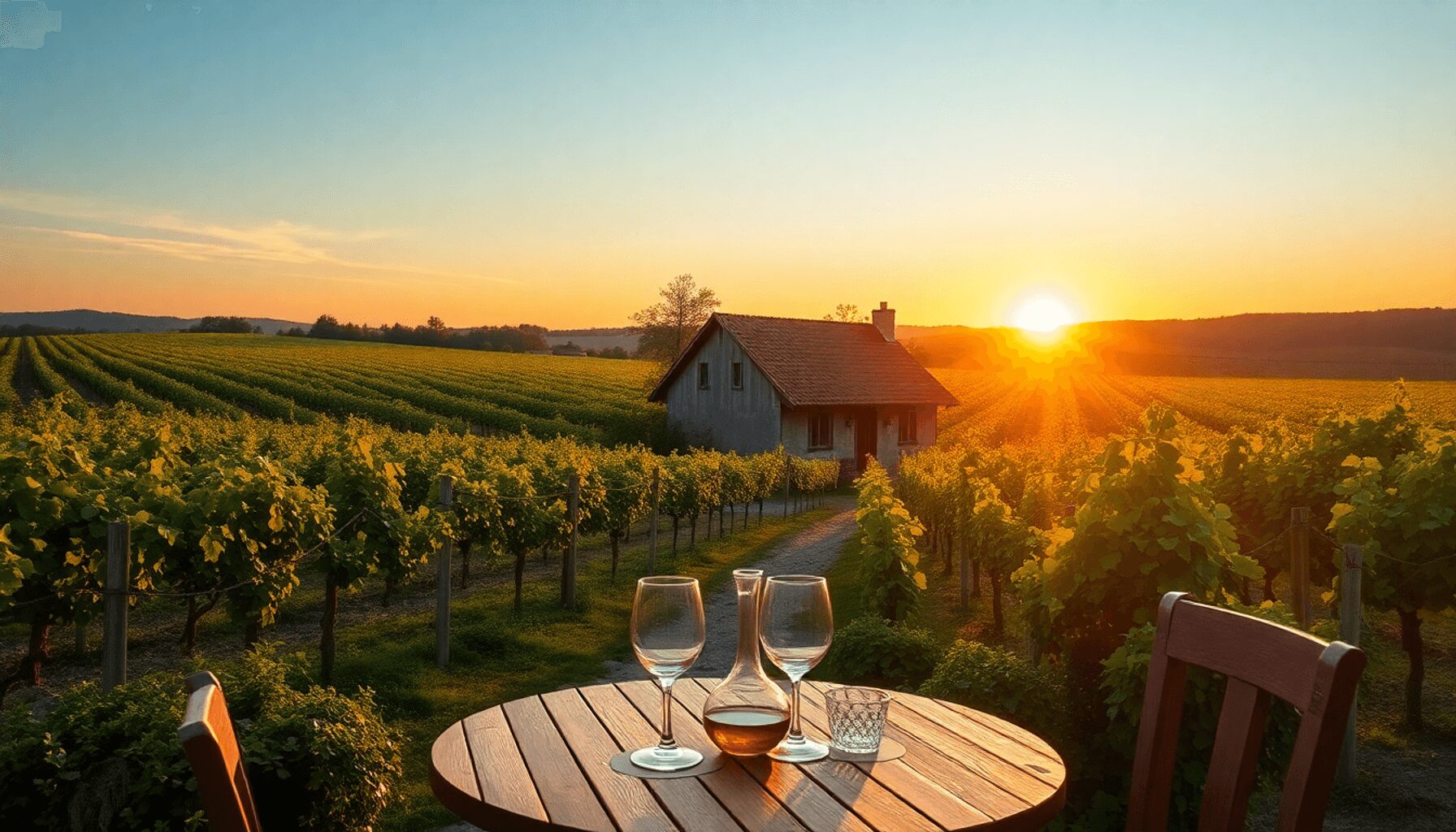 Sunset over a vineyard with rows of grapevines, a rustic cottage, and an outdoor wooden table set with wine glasses and a decanter amid lush greenery.