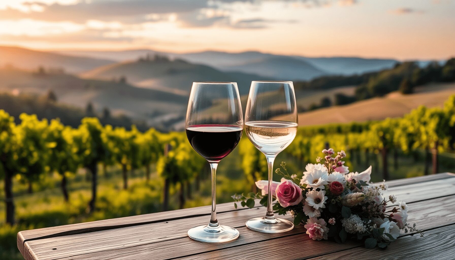 Sunset vineyard with rolling hills, wine glasses on a rustic table, soft light, and floral wedding decorations creating a warm, festive atmosphere.