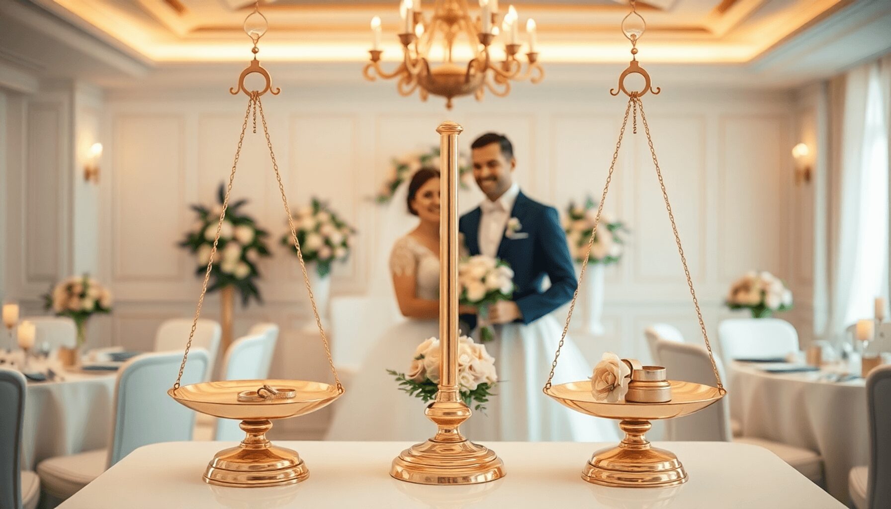 A joyful couple in wedding attire at an elegant, softly lit venue with floral decorations and golden scales balancing rings and flowers, symbolizin…