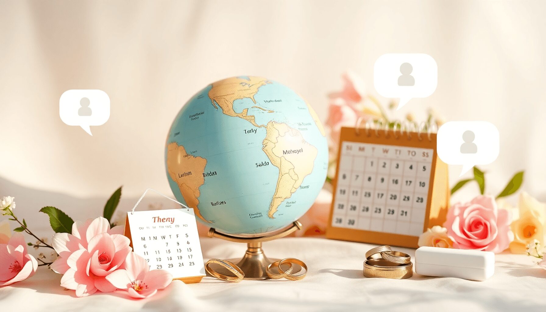 Bright wedding planning scene with globe, calendar, flowers, rings, video call icons, and checklists on a warm, travel-themed background. Bright wedding planning scene with globe, calendar, flowers, rings, video call icons, and checklists on a warm, travel-themed background.