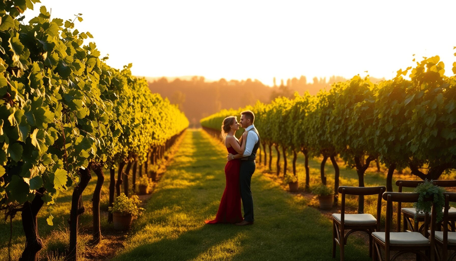 Couple embracing among sunlit vineyard rows at golden hour, surrounded by rustic chairs and greenery, evoking a romantic outdoor wedding atmosphere.