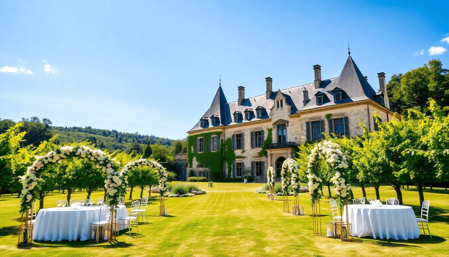 Elegant French château with vineyards, floral arches, and glowing lanterns under a bright blue sky, set for a romantic outdoor wedding celebration. Elegant French château with vineyards, floral arches, and glowing lanterns under a bright blue sky, set for a romantic outdoor wedding celebration.